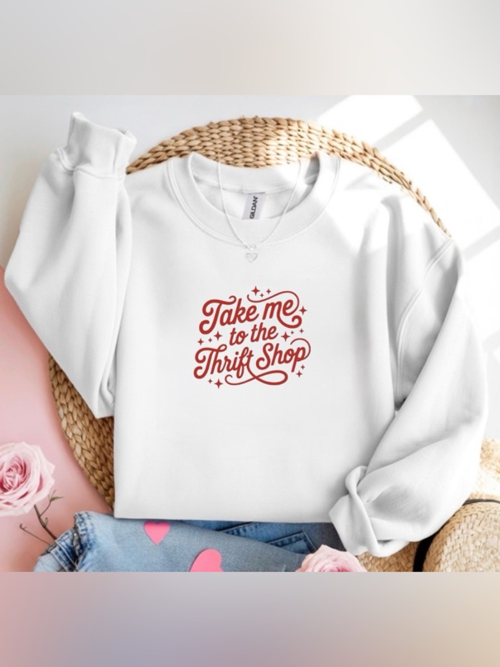 Take Me To The Thrift Shop Crewneck Sweatshirt Vintage Lover White Sweater